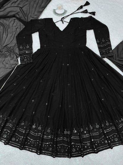 Black georgette thread sequence work party wear anarkali suit
