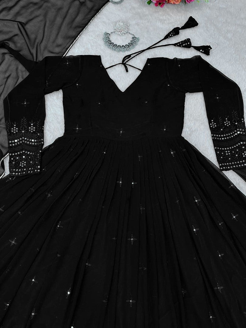 Black georgette thread sequence work party wear anarkali suit