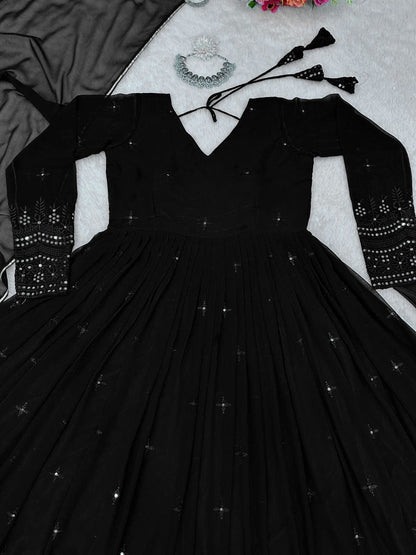 Black georgette thread sequence work party wear anarkali suit