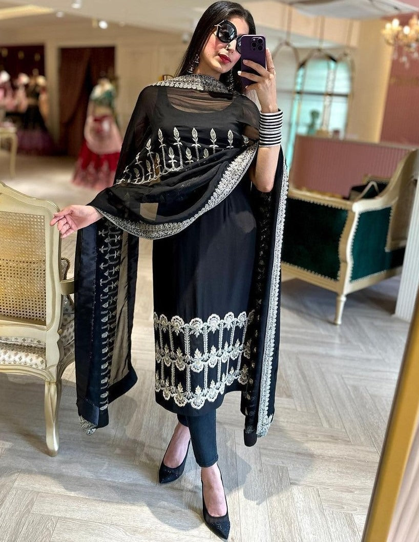 Black georgette thread sequence work party wear pant suit