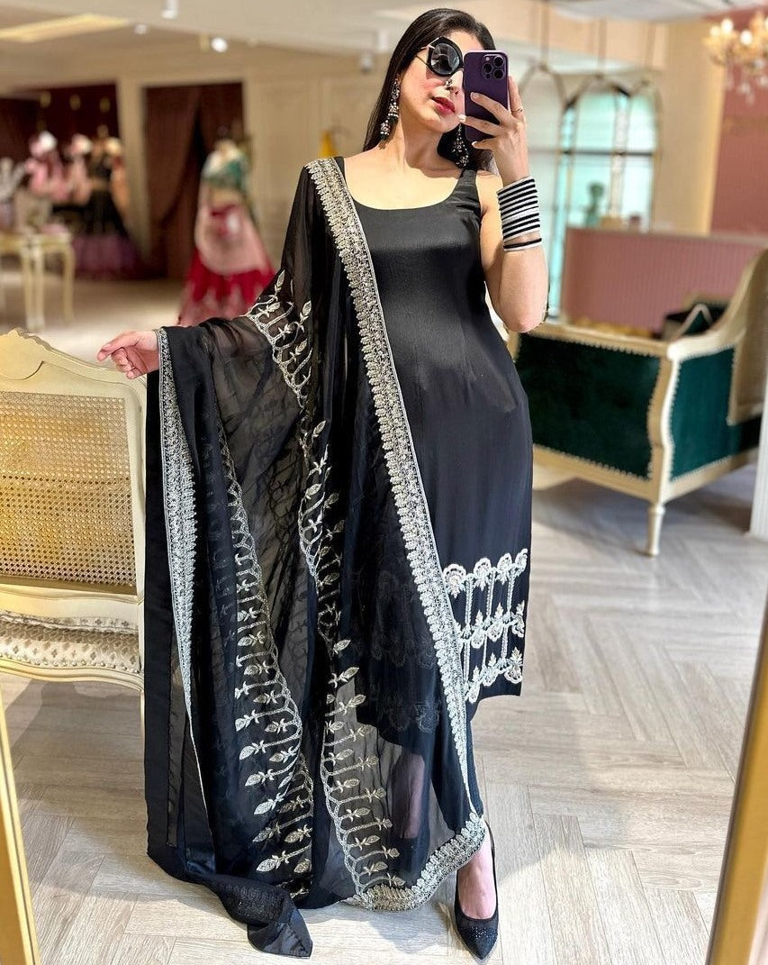 Black georgette thread sequence work party wear pant suit