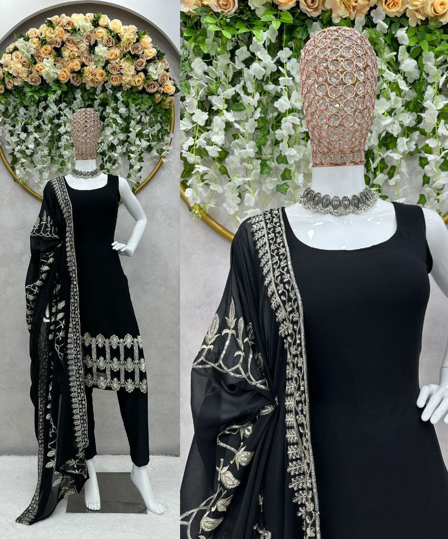 Black georgette thread sequence work party wear pant suit