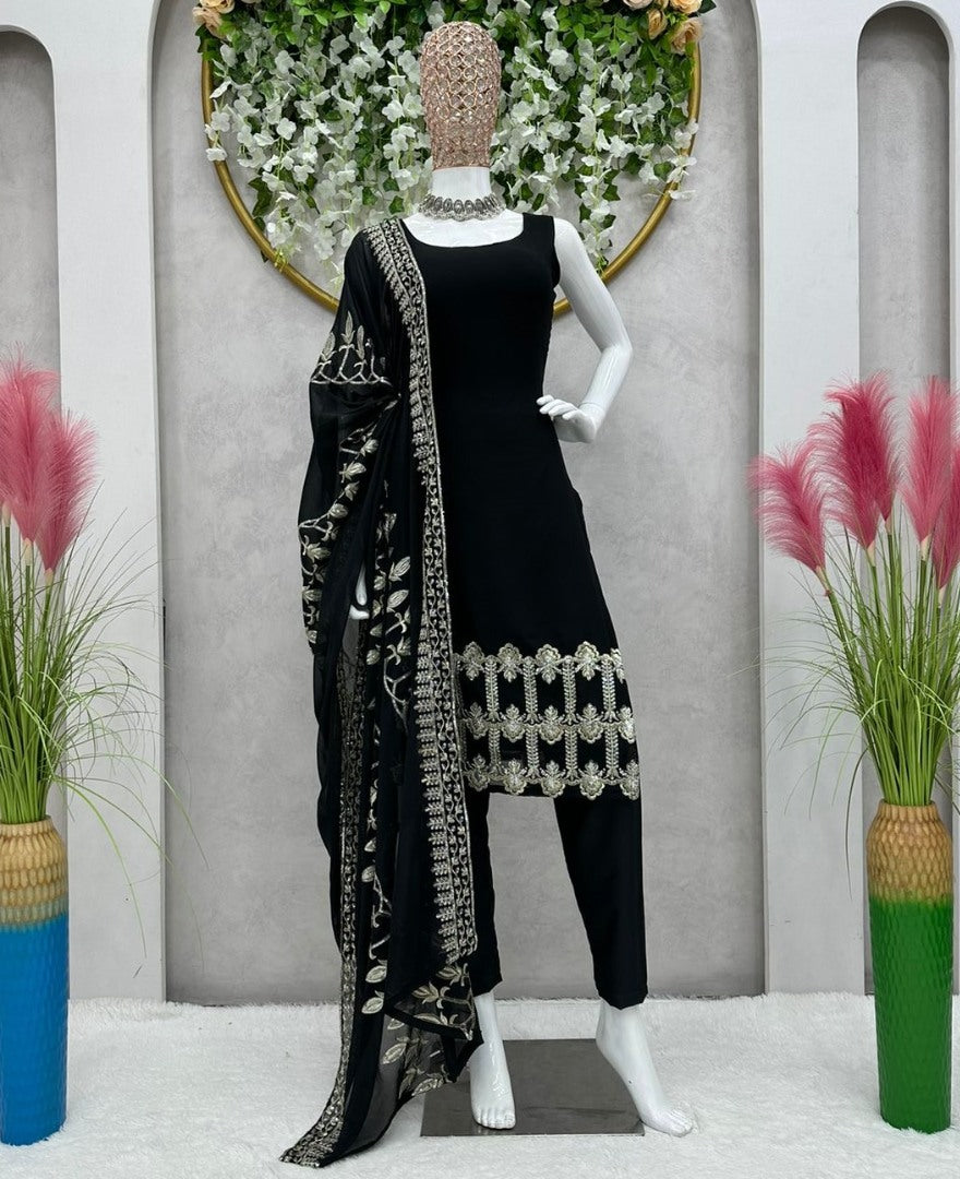 Black georgette thread sequence work party wear pant suit