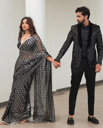 Black georgette thread sequence work shiny party wear saree