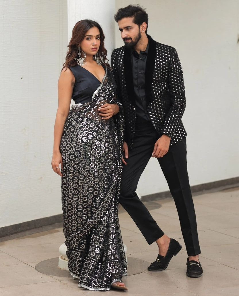 Black georgette thread sequence work shiny party wear saree