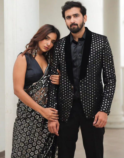 Black georgette thread sequence work shiny party wear saree