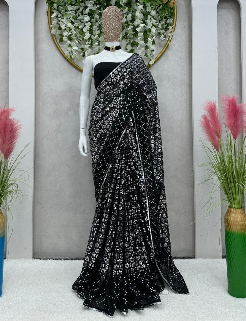 Black georgette thread sequence work shiny party wear saree