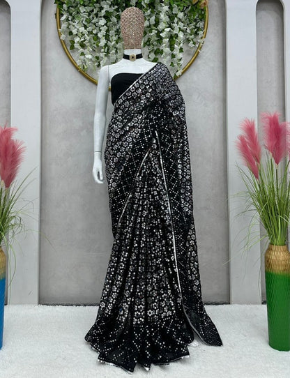 Black georgette thread sequence work shiny party wear saree
