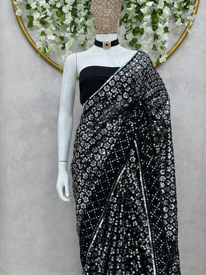 Black georgette thread sequence work shiny party wear saree