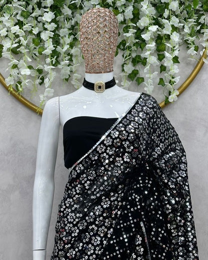 Black georgette thread sequence work shiny party wear saree