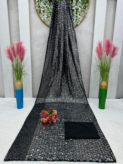 Black georgette thread sequence work shiny party wear saree