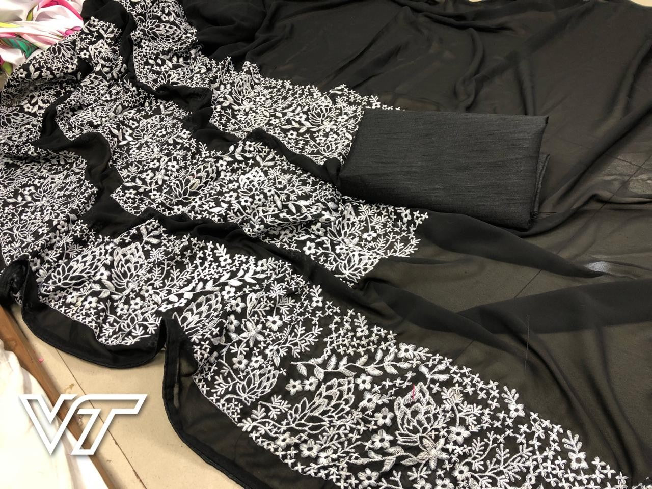 black georgette thread work emaboroidered border partywear saree