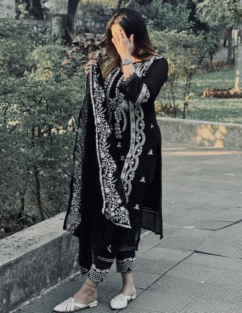 Black georgette thread work pant salwar suit