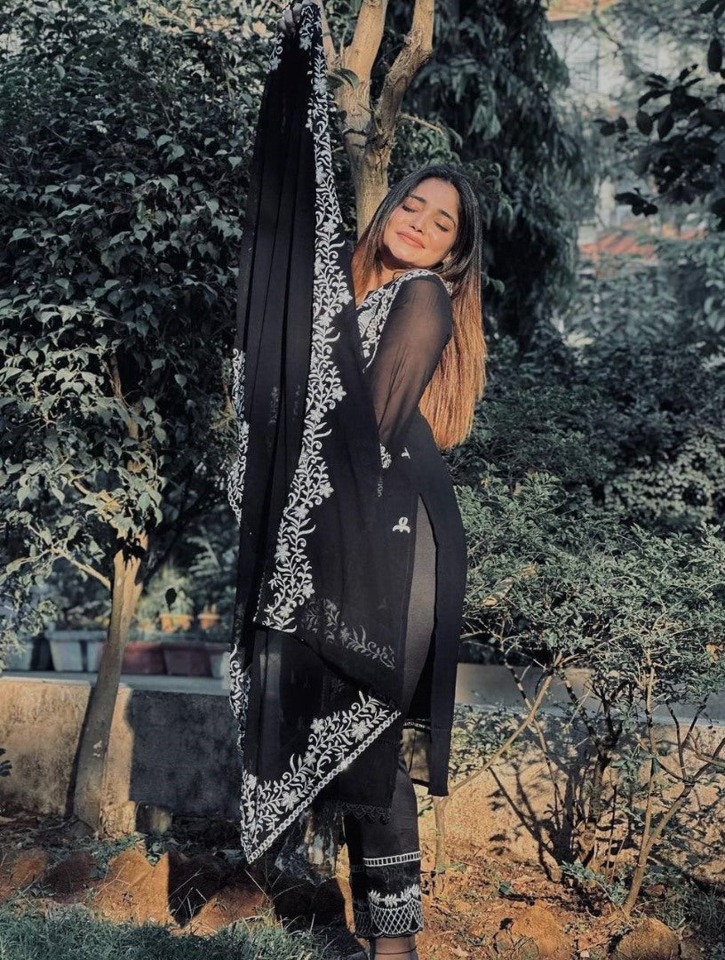 Black georgette thread work pant salwar suit