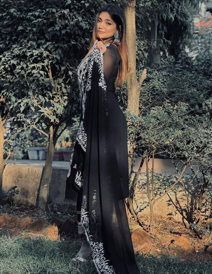 Black georgette thread work pant salwar suit