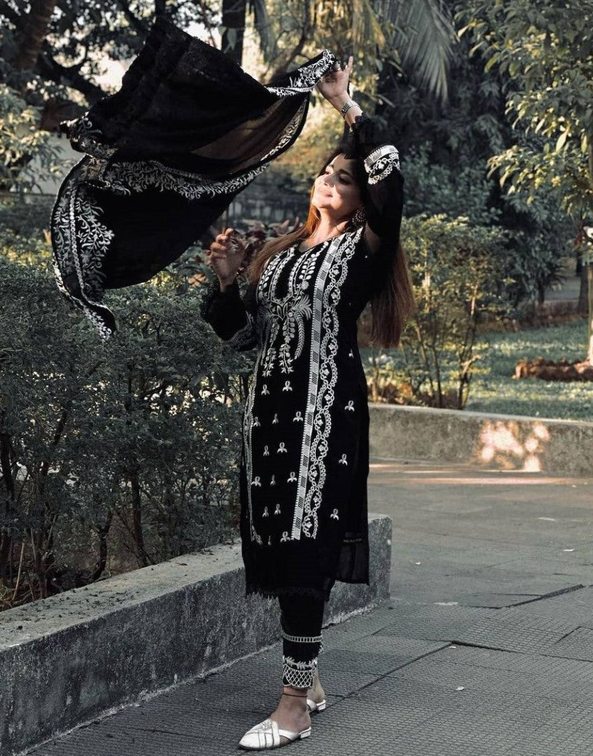 Black georgette thread work pant salwar suit