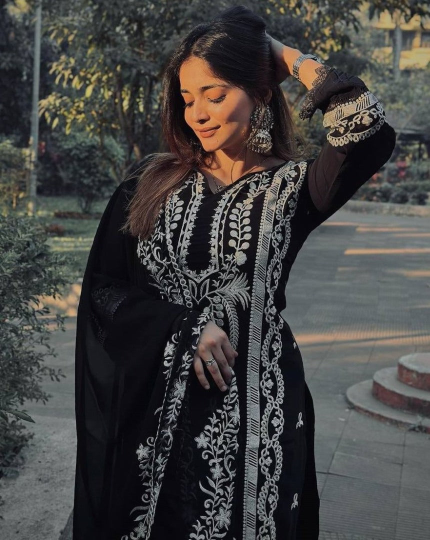Black georgette thread work pant salwar suit