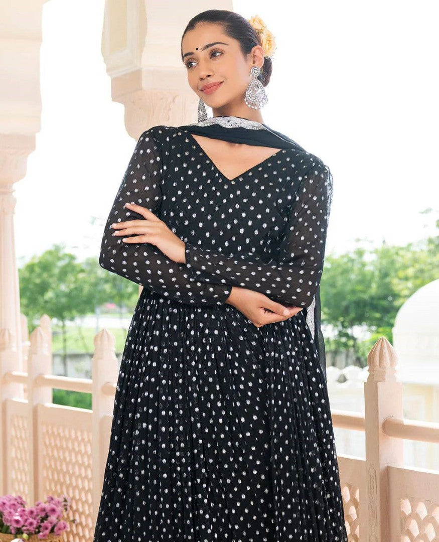Black georgette white dot printed umbrella flair anarkali suit
