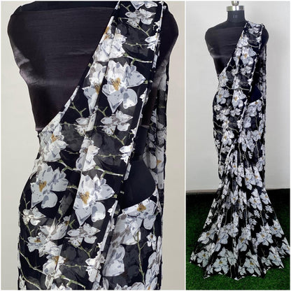 Black georgette white flower printed saree