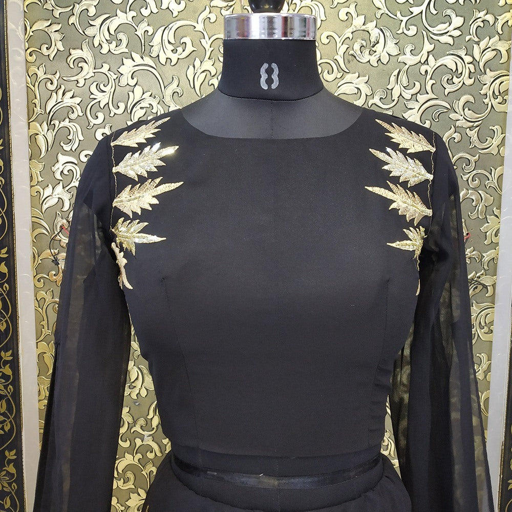 Black georgette zari and sequence embroidered partywear crop top lehenga