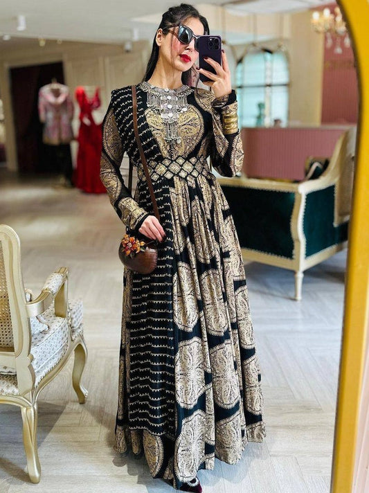 Black georgtte printed party wear gown