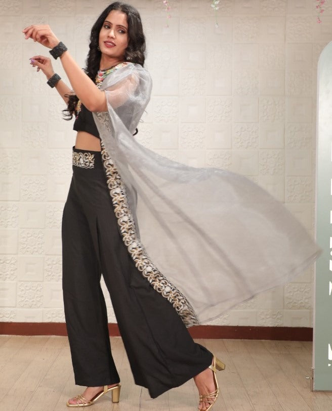 Black heavy american crape thread work plazzo suit with koti