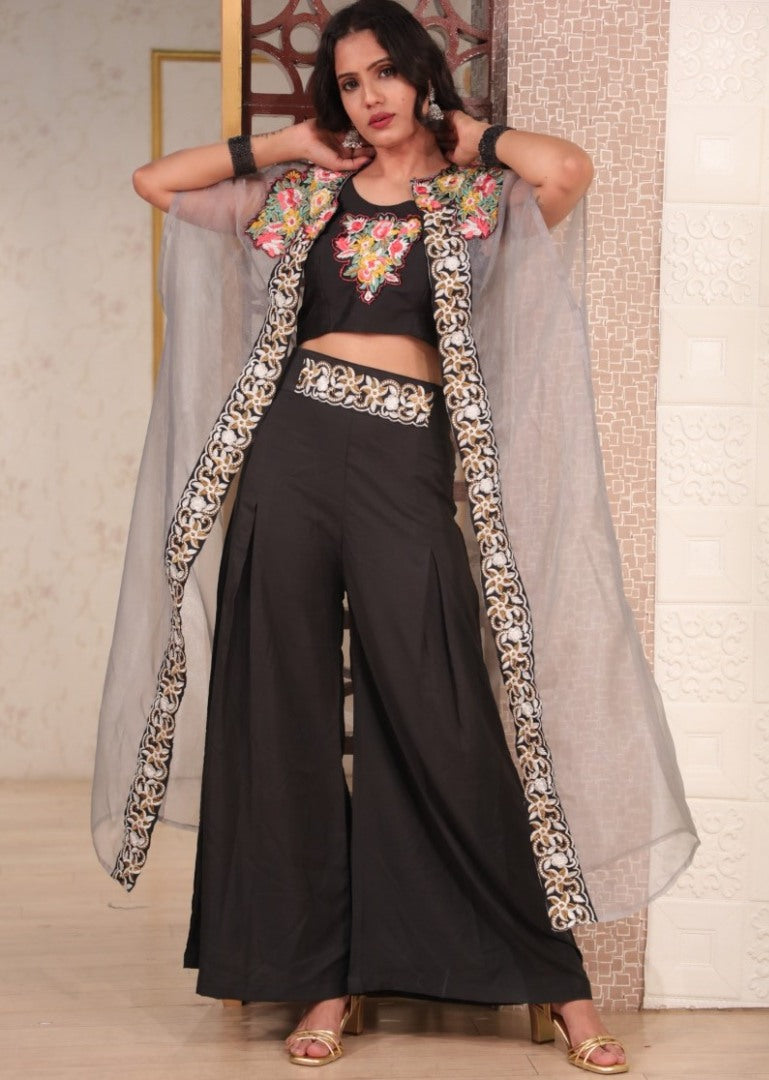 Black heavy american crape thread work plazzo suit with koti