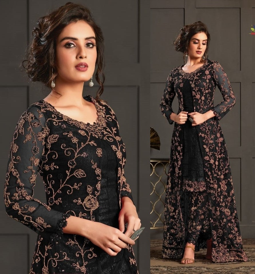 Black heavy butterfly net with embroidered work salwar suit with koti