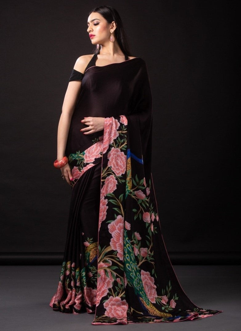 Black heavy crepe silk georgette flower digital printed saree