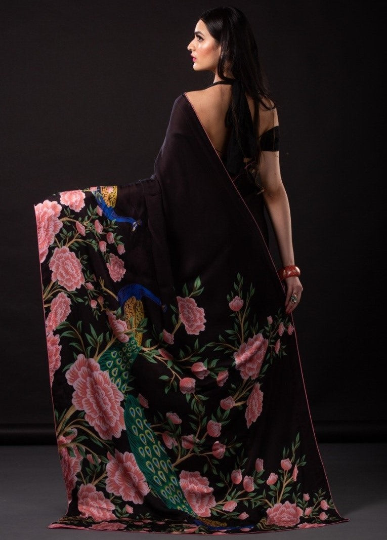 Black heavy crepe silk georgette flower digital printed saree