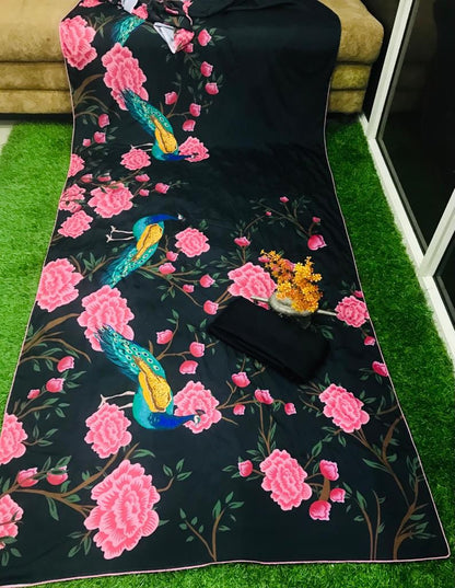 Black heavy crepe silk georgette flower digital printed saree