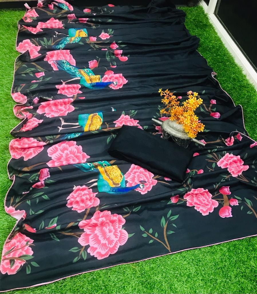 Black heavy crepe silk georgette flower digital printed saree