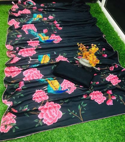 Black heavy crepe silk georgette flower digital printed saree