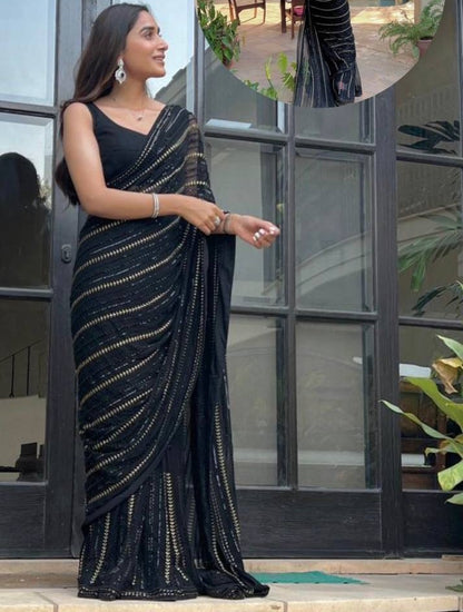Black heavy embroidered sequence embroidery work party wear saree