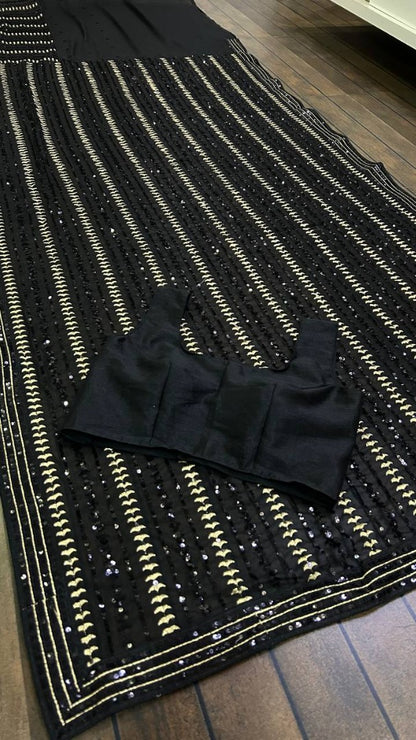 Black heavy embroidered sequence embroidery work party wear saree