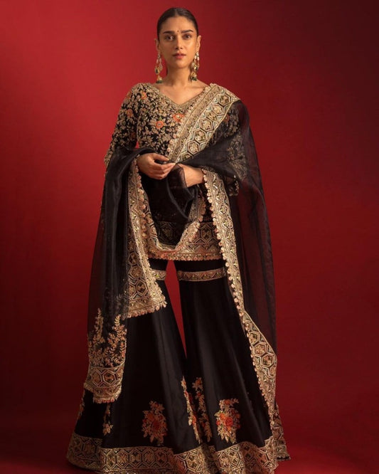 Black heavy embroidery work wedding sharara suit