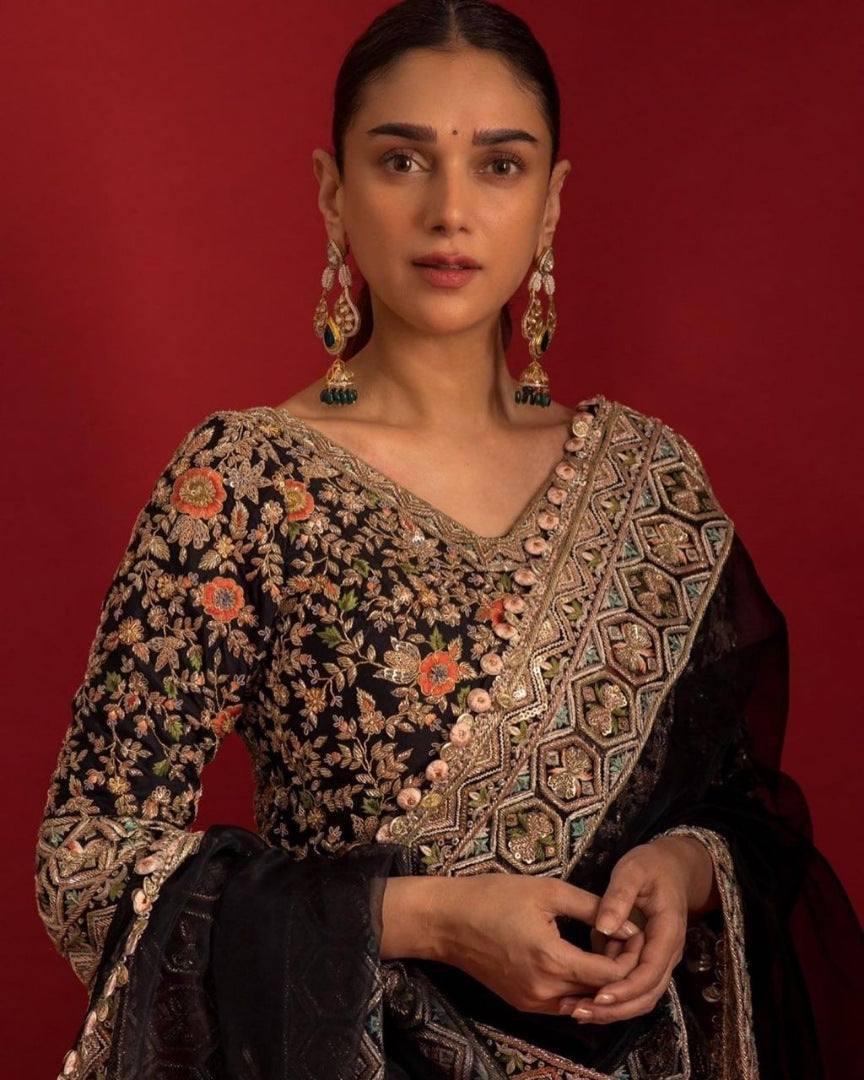 Black heavy embroidery work wedding sharara suit