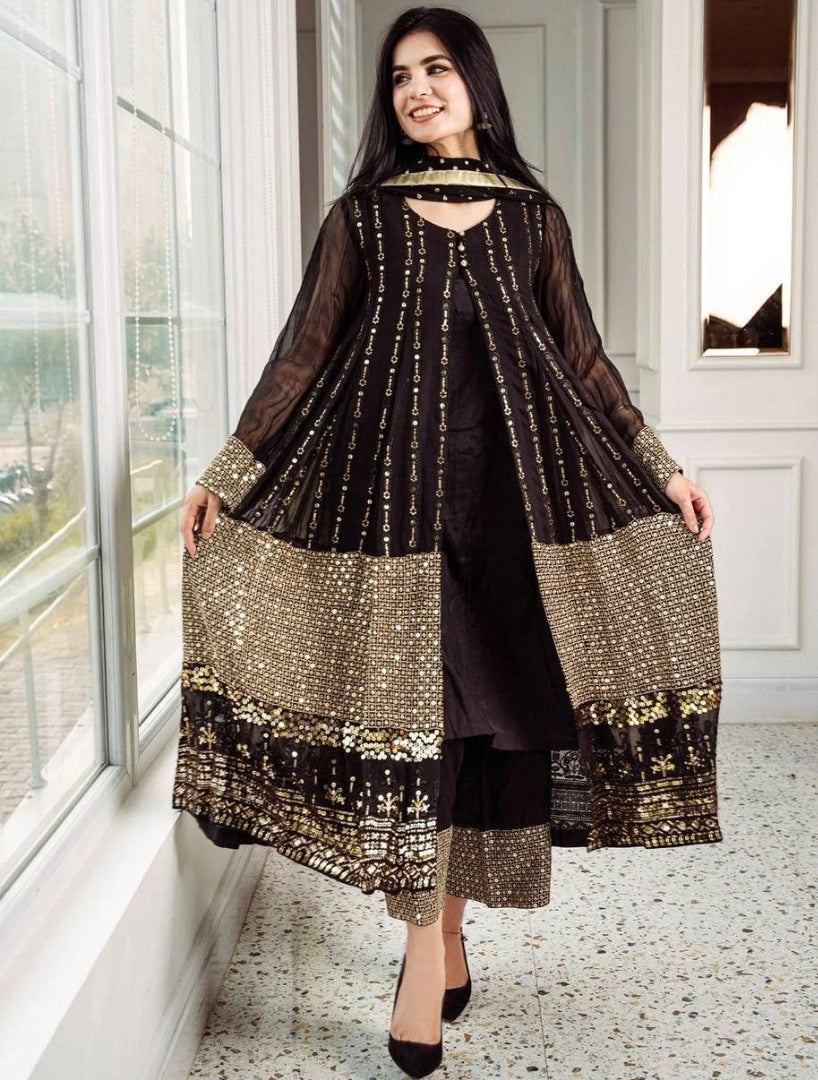 Black heavy embroidery worked salwar suit with shrug