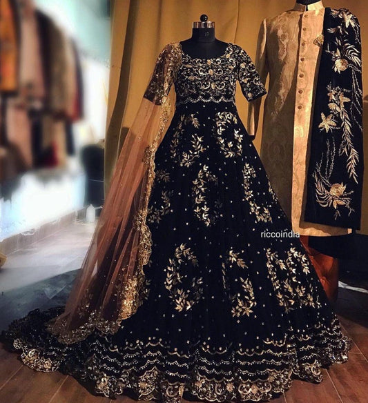 Black heavy georgette embroidered work ceremonial wear gown