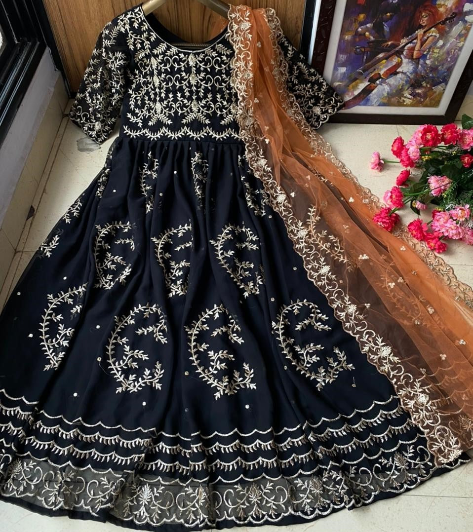 Black heavy georgette embroidered work ceremonial wear gown