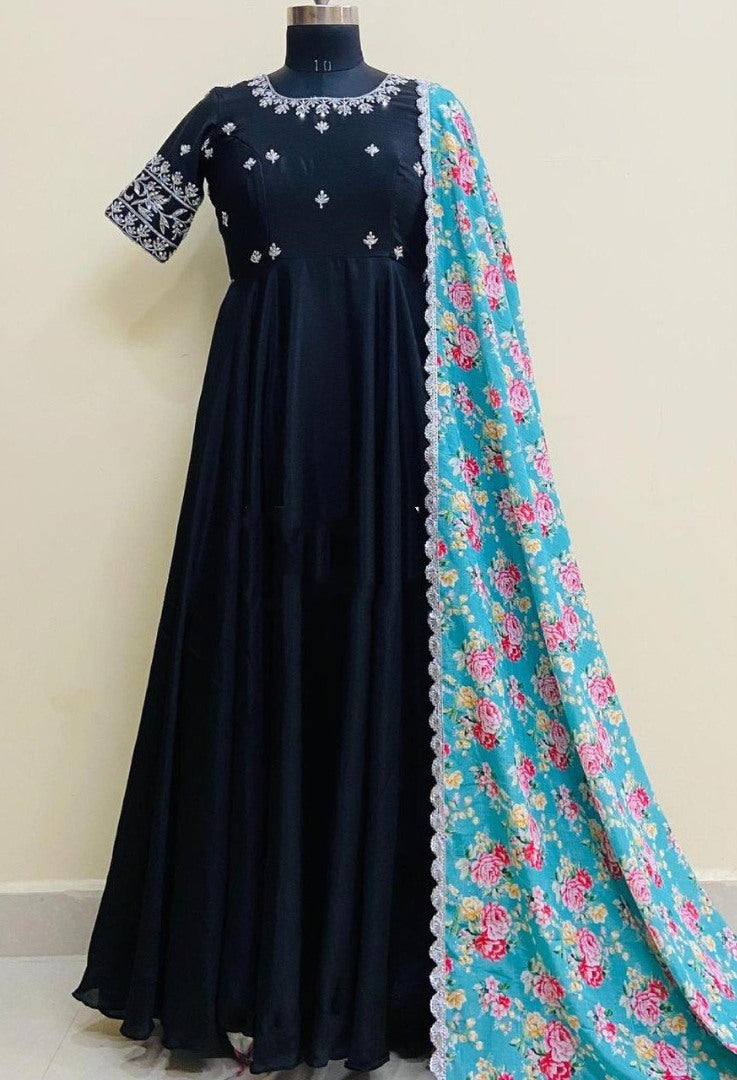 Black heavy georgette embroidered work party wear gown