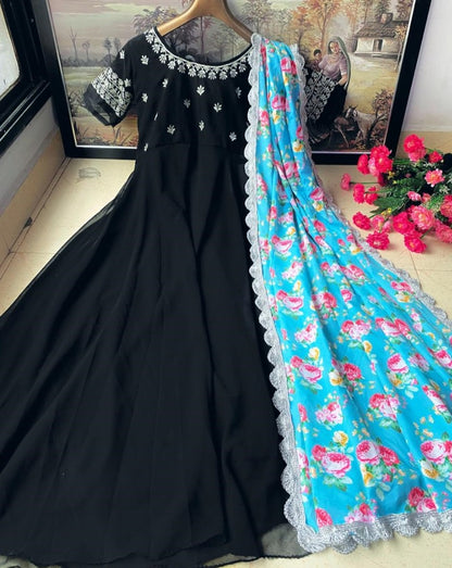Black heavy georgette embroidered work party wear gown
