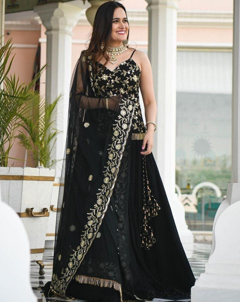 Black heavy georgette fully embroidered handwork lehenga choli