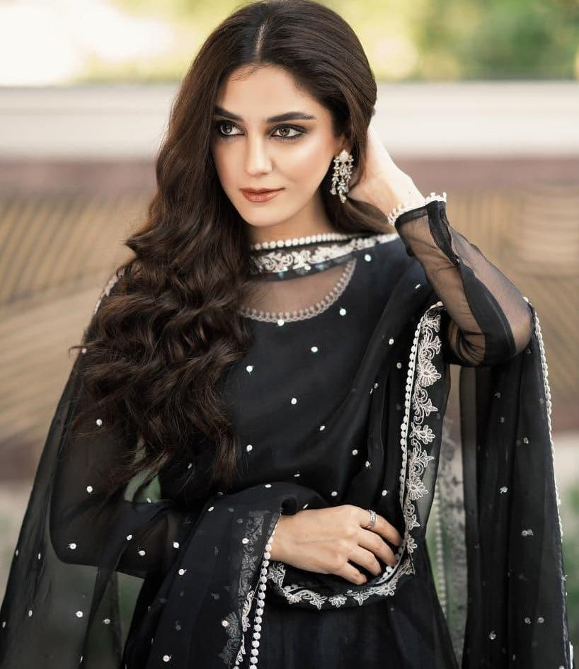 Black heavy georgette lace work gown with designer dupatta
