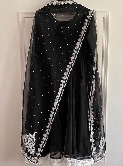 Black heavy georgette lace work gown with designer dupatta