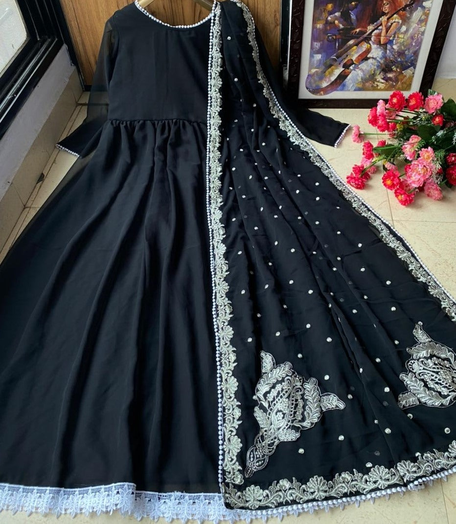 Black heavy georgette lace work gown with designer dupatta