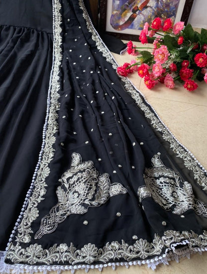 Black heavy georgette lace work gown with designer dupatta