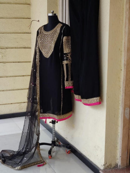 Black heavy georgette sequence and dori embroidered plazzo salwar suit