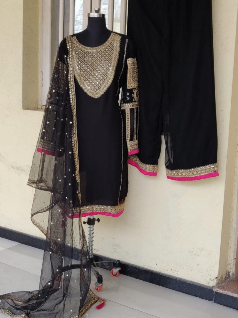 Black heavy georgette sequence and dori embroidered plazzo salwar suit