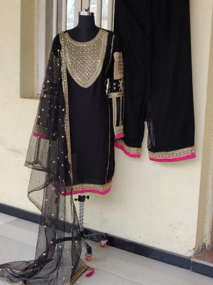 Black heavy georgette sequence and dori embroidered plazzo salwar suit